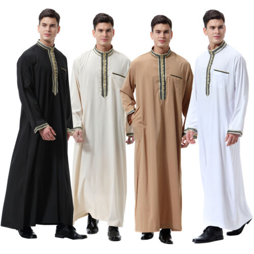 Mens Muslim Long Sleeve Robe Abaya Saudi Islamic Long Kaftan Thobe Jubba Clothes
