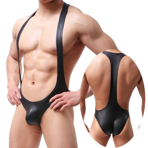 Men/'s Black Faux Leather Bodywear Wrestling Singlet Leotard Jumpsuits Underwear