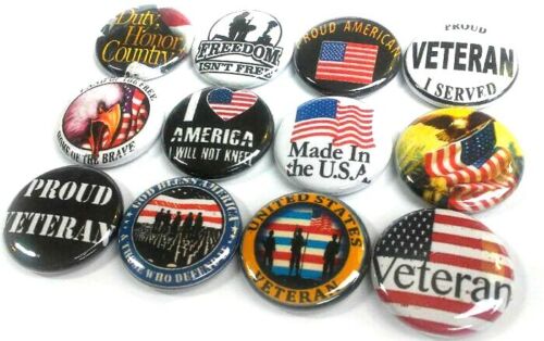 1/" Buttons PINS Badges Pinbacks One Inch USA America VETS 12 PROUD VETERAN