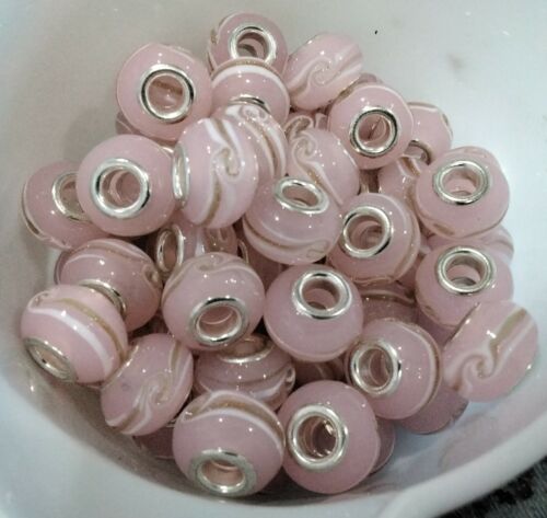 Pink Gold Lampwork  European Glass Beads,Rondelle,Silver Core,14x9-10mm 10pce