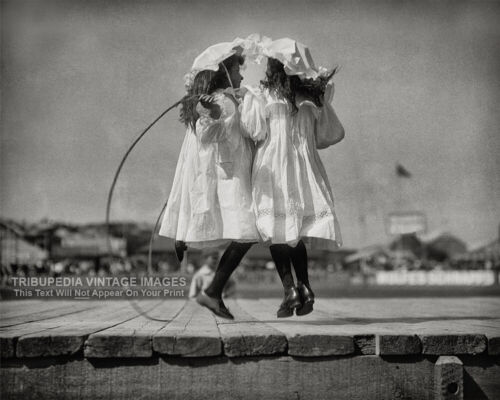 VINTAGE 1900s PHOTO Girls Playing Jump Rope EDWARDIAN ERA Fancy Dress Twins 8x10 