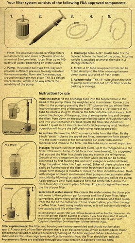 LIGHTWEIGHT WATER FILTER PUMP//STRAW UP TO 1 QUART PER MINUTE COMPACT COGHLANS