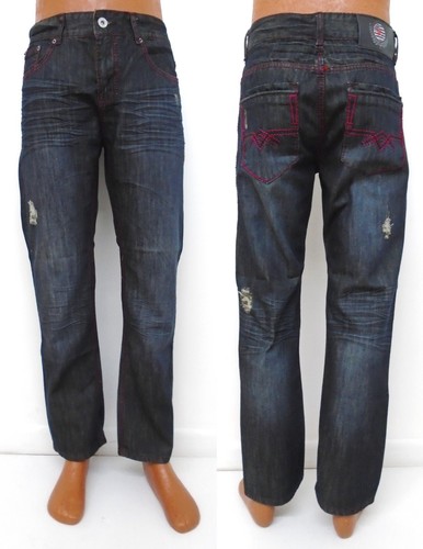Men/'s PLATINI Dark Blue distressed straight leg jeans zipper fly style PLJ2151