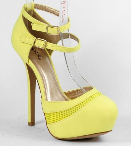 Yellow Double Buckle Strap Perforated Almond Toe Platform Pump Qupid Mady-05