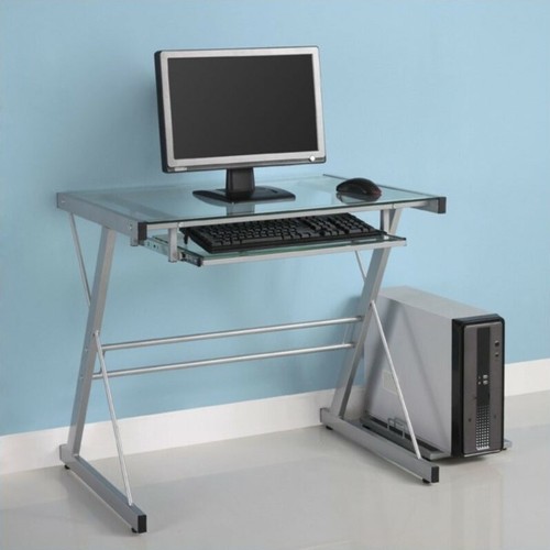 Pemberly Row Small Glass Top Computer Desk in Silver
