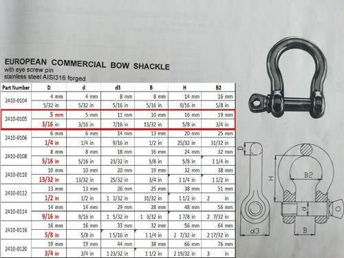 2x 5mm 3//16/" Marine Bow Shackle DRing 316 Stainless Steel Boat Rigging Paracord