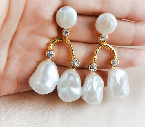 Natural white baroque pearl bifurcated golden ear hook gorgeous elegant