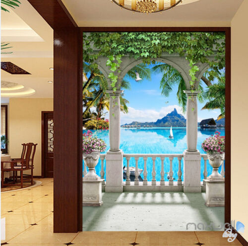 3D Pillar Balcony Palm Tree  Entrance Foyer Wall Mural Decals Wallpaper 052 