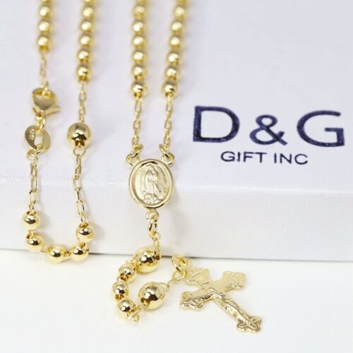box DG Unisex 16" Gold Sterling Silver Rosary VIRGIN MARY&JESUS CROSS Necklace 