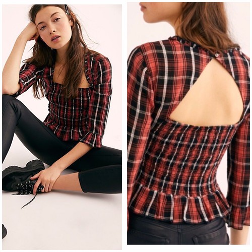 Free People Nicole Smocked Plaid Top Check Square Neck Crop Blouse Large L Red