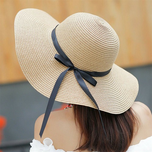 Beach Foldable Girls Sun Hat Wide Large Brim Bowknot Straw Cap Panama Hat