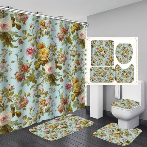 Sunset Sunflower HD Shower Curtain Bath Mat Toilet Cover Rug Bathroom Decor Set 