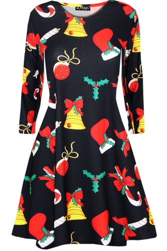 Womens Gift Candy Stick Ladies Xmas Franki Santa Head Snowman Swing Mini Dress