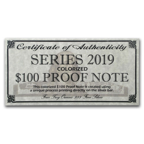 4 oz Silver Colorized Bar w//Box /& COA 2019 $100 Bill - SKU#176883