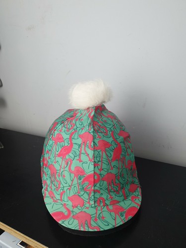 Flamingo Pink//green Hat Silk with white fluffy bobble one size fits all