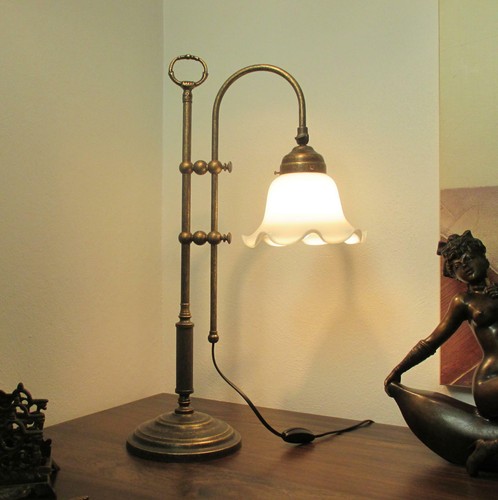 Tischlampe Jugendstil Messing Opalglas Weiss Bürolampe Schreibtischlampe Antik
