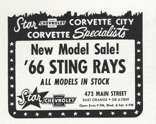 NJ 1966 Chevy Corvette Sting Ray Ad/Rare Star Corvette City Dealer/East Orange 