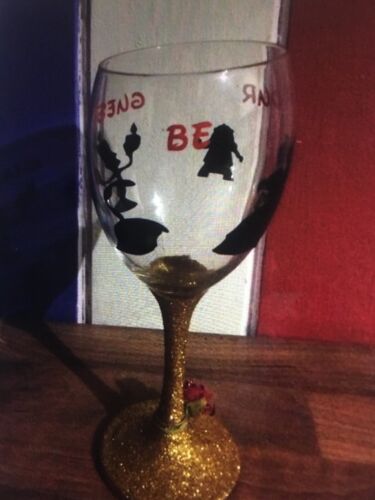 Beauty And The Beast Glittered Stem wine Glass Be Our Guest Gift Wrapped Bnip