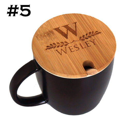 Personalized Ceramic Porcelain Coffee Cup Mug with Engraved Bamboo Lid s 14 oz 