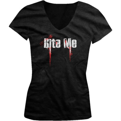 Bite Me Zombie Scary Horror Movie Vampire Blood Juniors V-neck T-shirt 