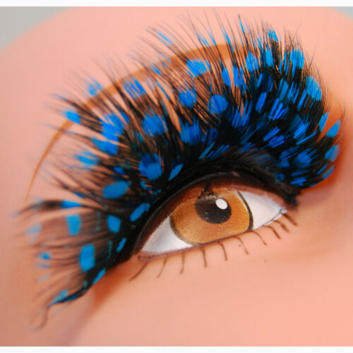 Spotted Feather False Eyelashes Black with Blue spots complete with adhesive 