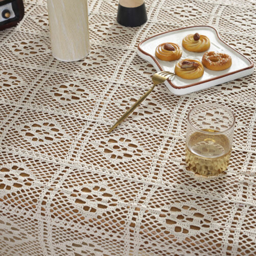 Vintage Tablecloth Hand Crochet Cotton Doily Round Lace Table Topper Beige 