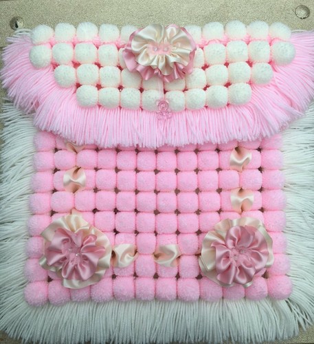 POM POM BLANKET PRAM COVER PINK AND IVORY BN