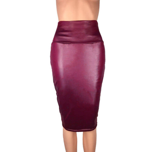 Women PU Leather High Waist Knee Pencil Bodycon Stretch Midi Skirt Party Dress