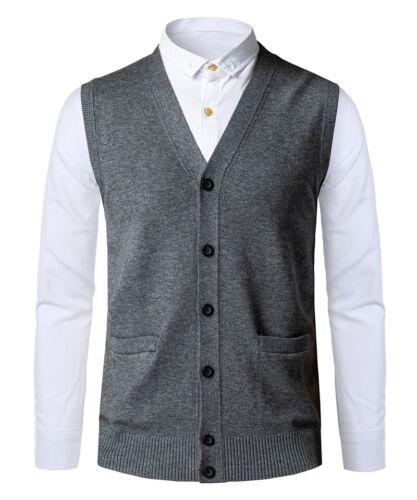 Homme Tricot Pull Gilet Bouton Granddad Cardigan Sans Manches Pull