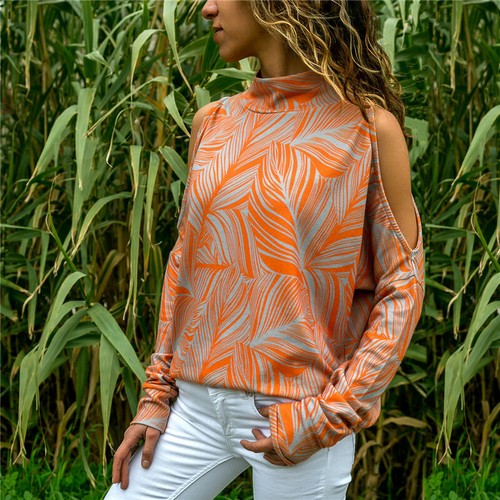 Plus Size Women Cold Shoulder Shirt Long Sleeve Turtleneck Tops Blouse Gypsy Tee