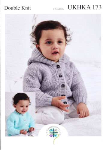 Double Knitting Pattern Baby Hooded or Round Neck Long Sleeve Cardigan UKHKA 173