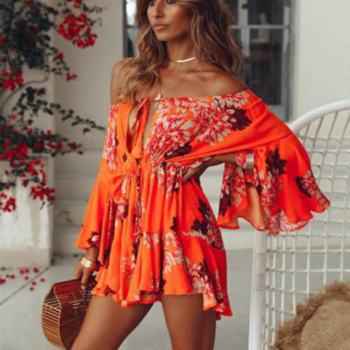 Women Floral Ruffle Off Shoulder Mini Dress Summer Holiday Beach Boho Sundress` 