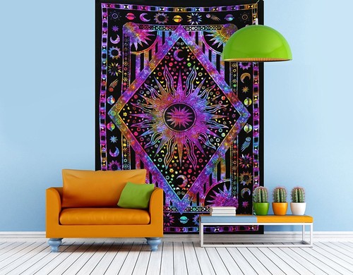 Twin Blue Tie Dye Purple Burning Sun Tapestry Celestial Sun Moon Planet Bohemia