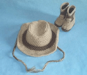 HANDMADE CROCHET COWBOY COWGIRL HAT BOOTIES SET TAN /& BROWN BABY TODDLER
