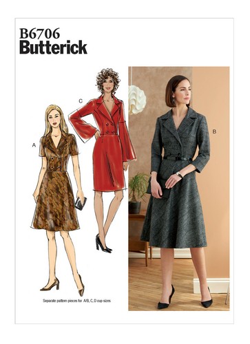Cup Sizes Butterick 6706 Sewing Pattern to MAKE Dress w//Buttoned Fitted Bodice