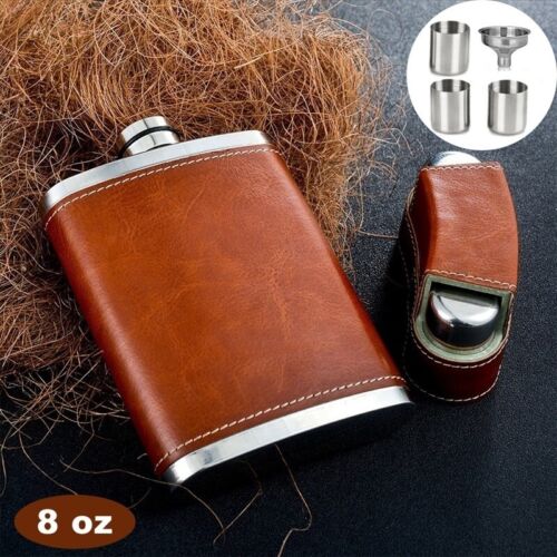 8oz Liquor Pocket Hip Flask With 3 Cups Stainless Steel Whiskey Screw Cap Flagon 