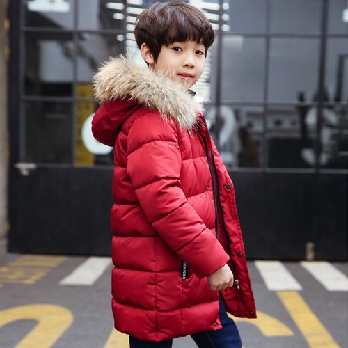 Kids Boys Winter Warm Puffer Fur Collar Hooded Coat Cotton Padded Jacket Outwear
