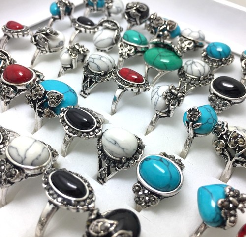 50 Turquoise Mix Bague Ancien Pierre naturelle Anneau femme homme Rétro Bijoux