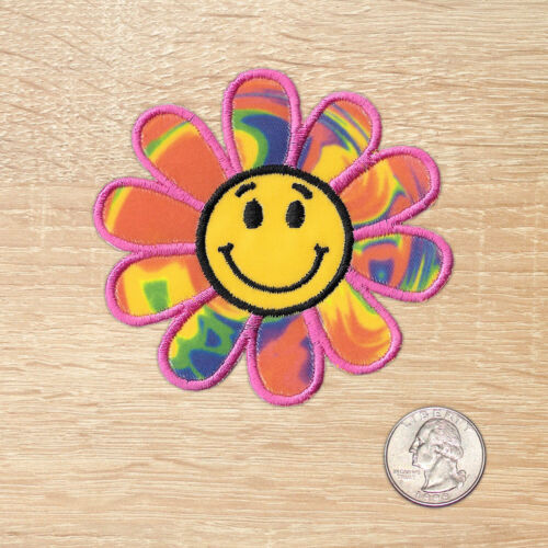 Embroidered Applique Iron On Tie Dye Smiley Face Flower Patch 634 USA Seller 