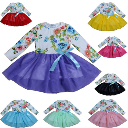 New Girls Long Sleeves Flower Party Dress in 8 Colours 12-18 Months to 7-8 Years