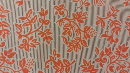 Vintage 1950s Cotton Fabric Orange Flowers on a Striped Background BTY