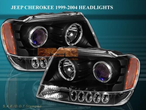 99-03 04 JEEP GRAND CHEROKEE PROJECTOR HEADLIGHTS TWIN HALO BLACK LED