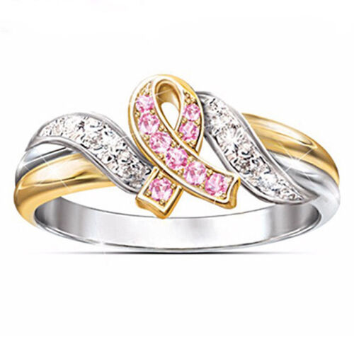 Hope Two-Tone Breast Cancer Awareness Crystal Rhinestone Pink Ribbon Ring