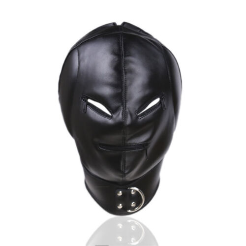 and ear muffs Gimp mask zips Black Leather Mask fancy dress Hood,shiny 
