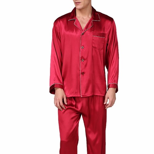 Herren Pyjama Schlafanzug Seide Langarm Hemd Lang Hose Nachtwäsche Nachthemd Set