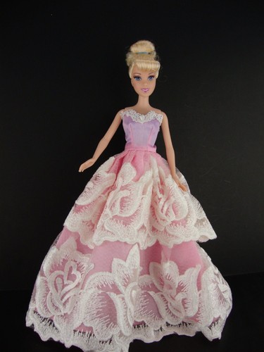 Stunning Pink Gown with Large Flowered White Lace Made to Fit the Barbie Doll