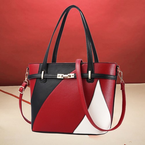 Damentasche Leder Shopper Schultertasche Handtasche Tragetasche Schwarz/&Rot/&Weiß