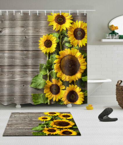 Rustic Wooden Boards Sunset Sunflowers Fabric Shower Curtain Set Bathroom Mat
