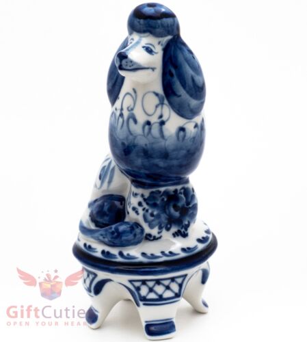 Porcelain gzhel figurine dog poodle on a tuffet handmade
