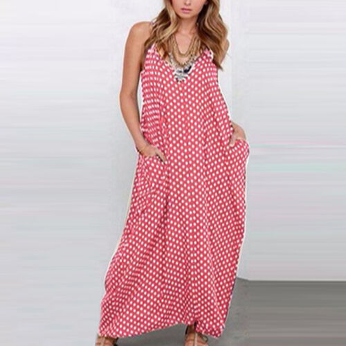 Plus Size Summer Womens Hippie Long Maxi Polka Dots Sleeveless Beach Slip Dress
